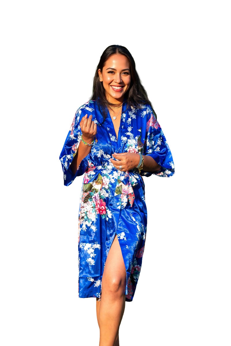 CCcollections Kimono robe long 16 colors PREMIUM Peacock bridesmaid bridal shower womens gift (Blue Royal) - Image 1